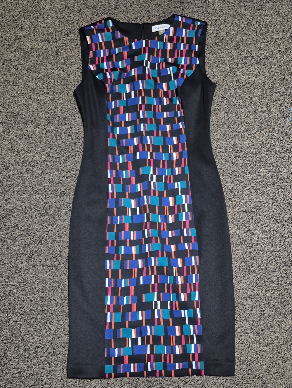 Calvin Klein Black Midi Dress with Blue, Purple, Teal & Pink Geometric Panel